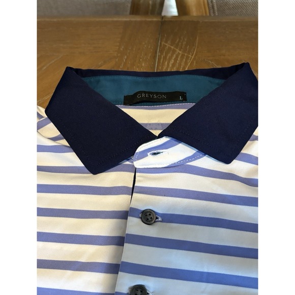 Greyson Golf Polo Shirt Mens L Blue Striped Performance Golf Activewear - Picture 1 of 6